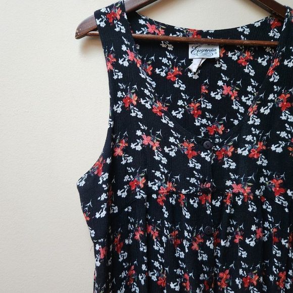 Vintage black floral print rayon dress / button front - Picture 3 of 9